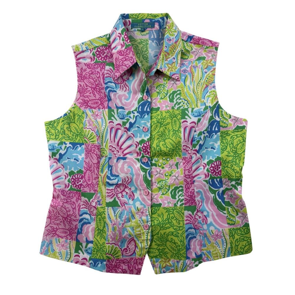 Cotton Connection Tropical Patchwork Sleeveless Blouse Floral Pink Green 12